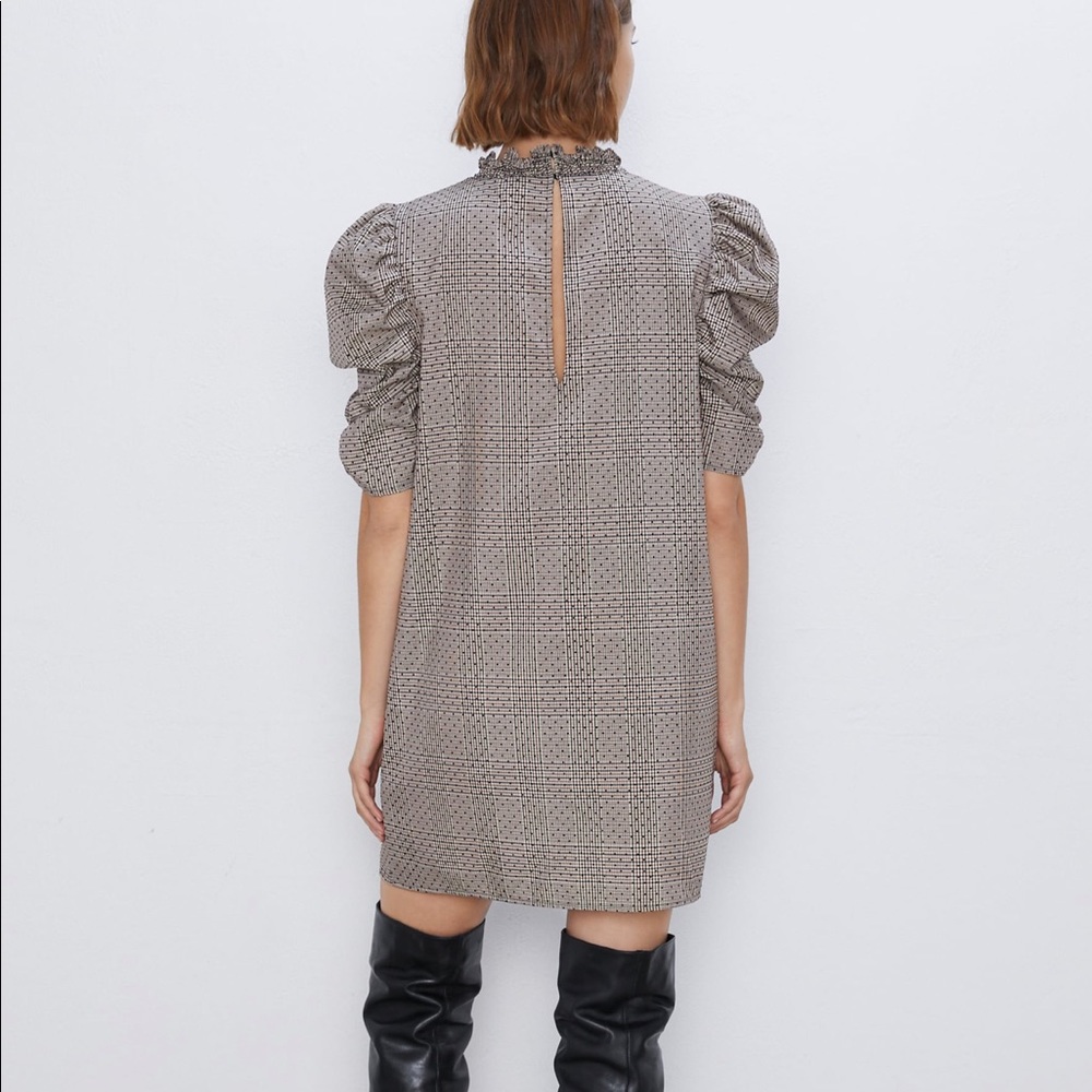 Zara Plaid Dress with Ruched Sleeves